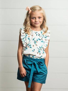 White & Teal Floral Ruffle Summer Short Set